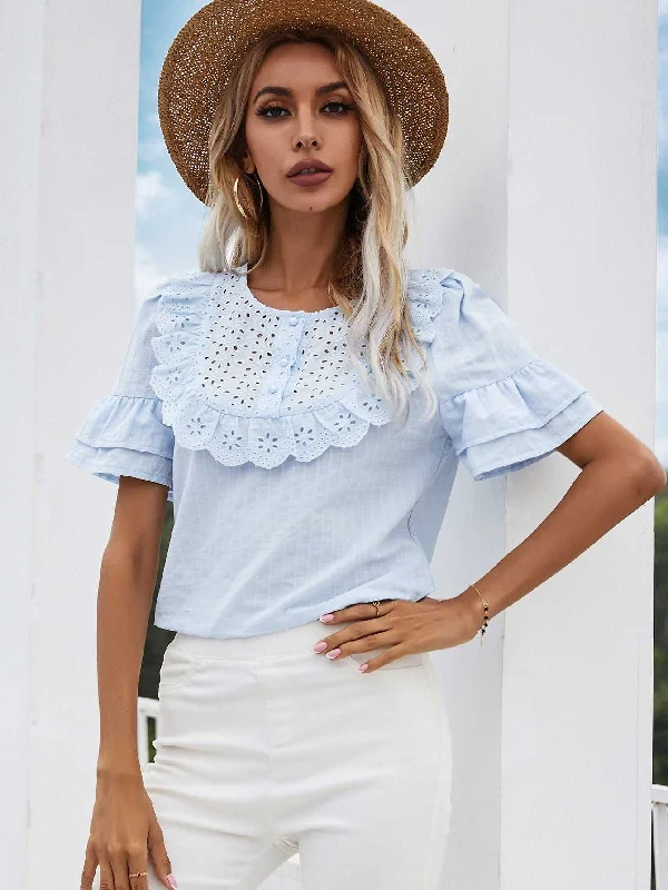 KittenAlarm - Lace hollow round neck ruffled short-sleeved shirt top