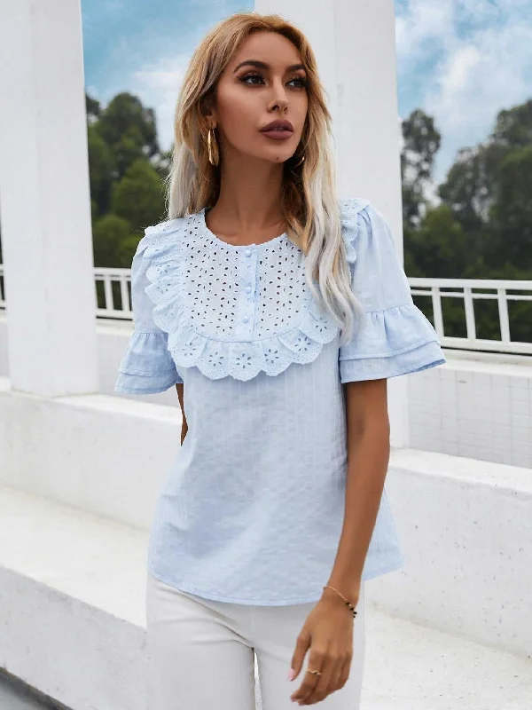 KittenAlarm - Lace hollow round neck ruffled short-sleeved shirt top