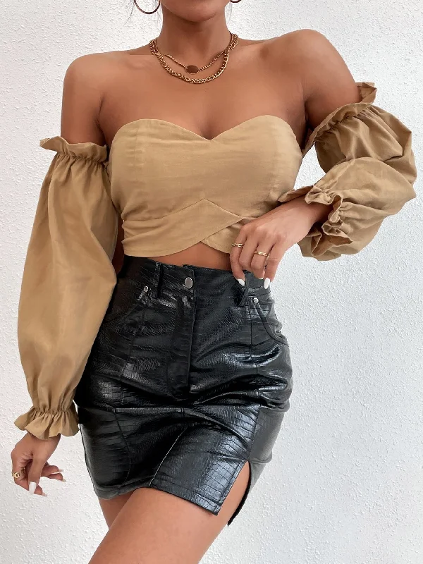 KittenAlarm - Off-the-Shoulder Peasant Sleeve Self-Tie Crop Top