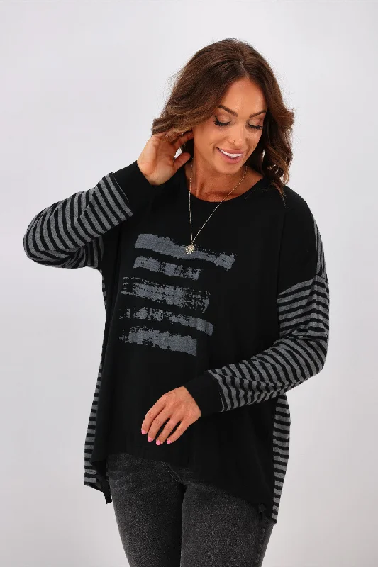 Alpine by Shine On Nola Striped Hilo Top with Print Black Grey