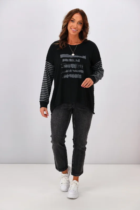 Alpine by Shine On Nola Striped Hilo Top with Print Black Grey