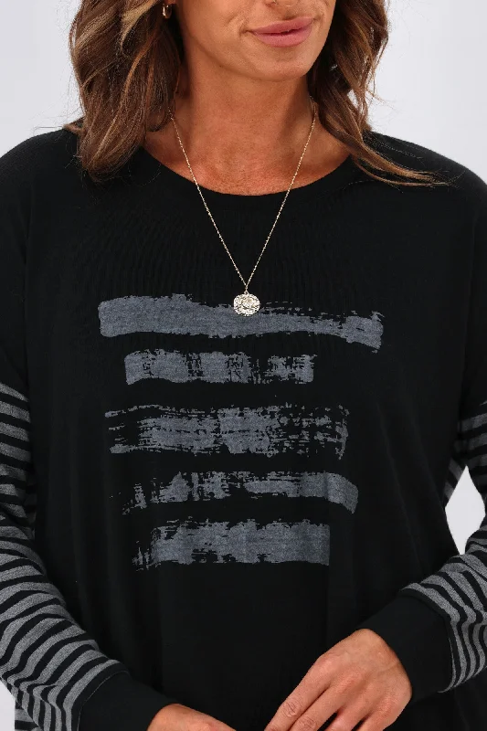 Alpine by Shine On Nola Striped Hilo Top with Print Black Grey