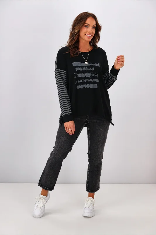 Alpine by Shine On Nola Striped Hilo Top with Print Black Grey