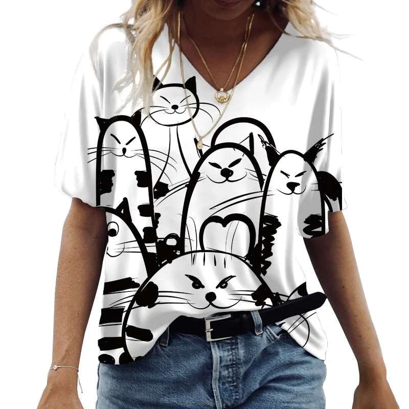 FashionSierra - Anime Cat Print Women's T Shirt Fashion Harajuku Clothes V-neck Oversized Short