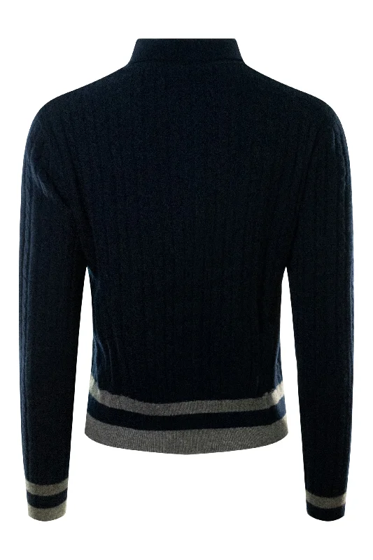 Autumn Cashmere Collared Cabled Cardigan in Navy Combo