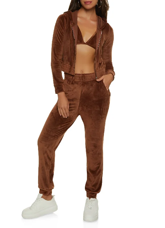 Velour Zip Front Cropped Hoodie with Bralette