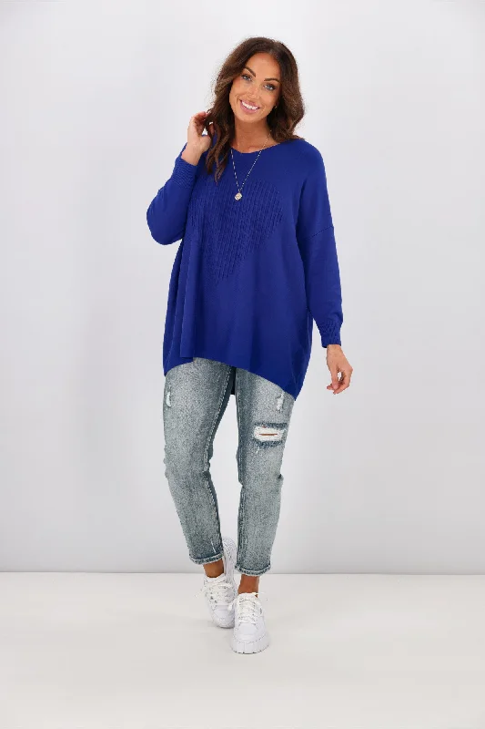 Cali & Co V Neck Heart Pattern Knit Top Cobalt Blue