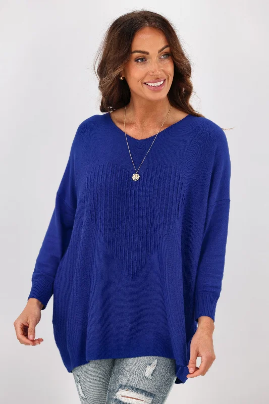 Cali & Co V Neck Heart Pattern Knit Top Cobalt Blue