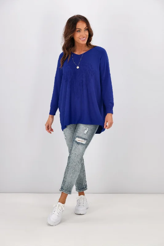 Cali & Co V Neck Heart Pattern Knit Top Cobalt Blue