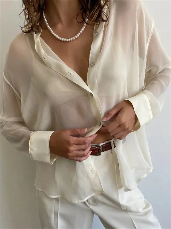 Mesh See Through Women's Lapel Button-Down Tops Spring Autumn Solid Casual Blouse