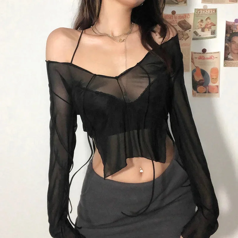 Mesh See Through Black Crop Tops Long Flare Sleeve Irregular Hem Split Off Shoulder Women's Blouse