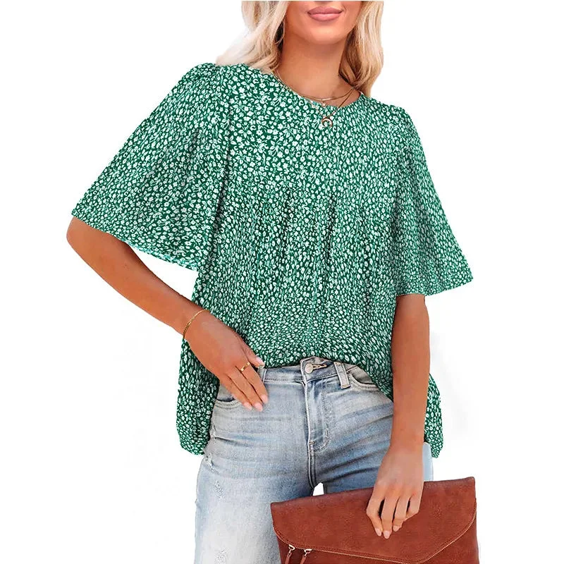 Women's Clothing Printed Boho Style Chiffon Summer Fashion Short Sleeve Loose Casual Streetwear Blouse