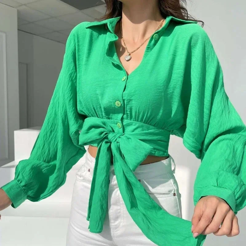 Spring Summer Fashion Bow Lace-up Batwing Sleeve Sexy Short Button Up Cropped Cardigan Blouse