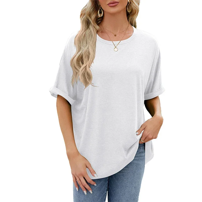 Summer Women's Oversized Pullover O-Neck Short Sleeve Solid Color Blouse