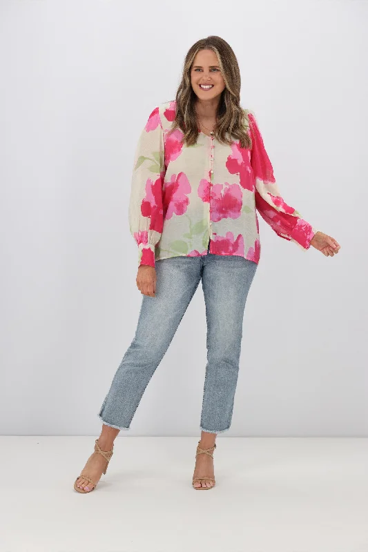 Fria Ava Cloud Print Blouson Sleeve Blouse Fuchsia