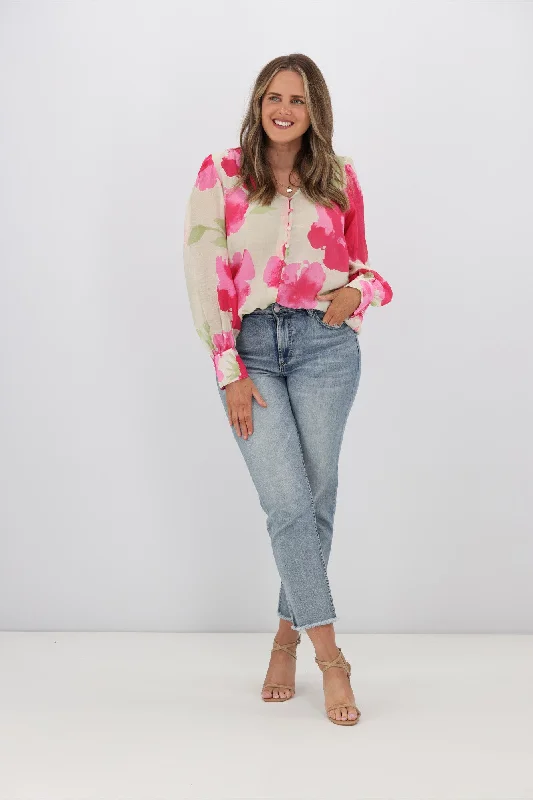 Fria Ava Cloud Print Blouson Sleeve Blouse Fuchsia