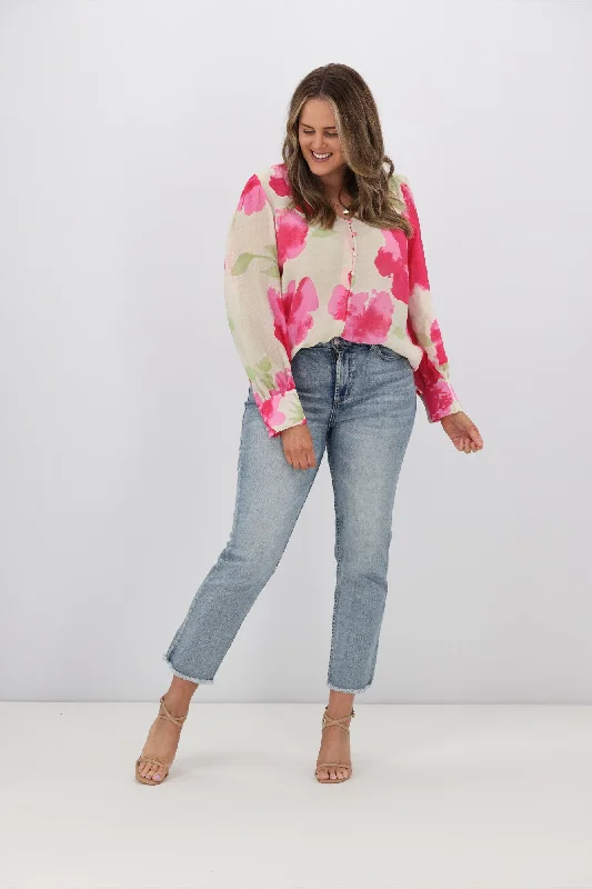 Fria Ava Cloud Print Blouson Sleeve Blouse Fuchsia