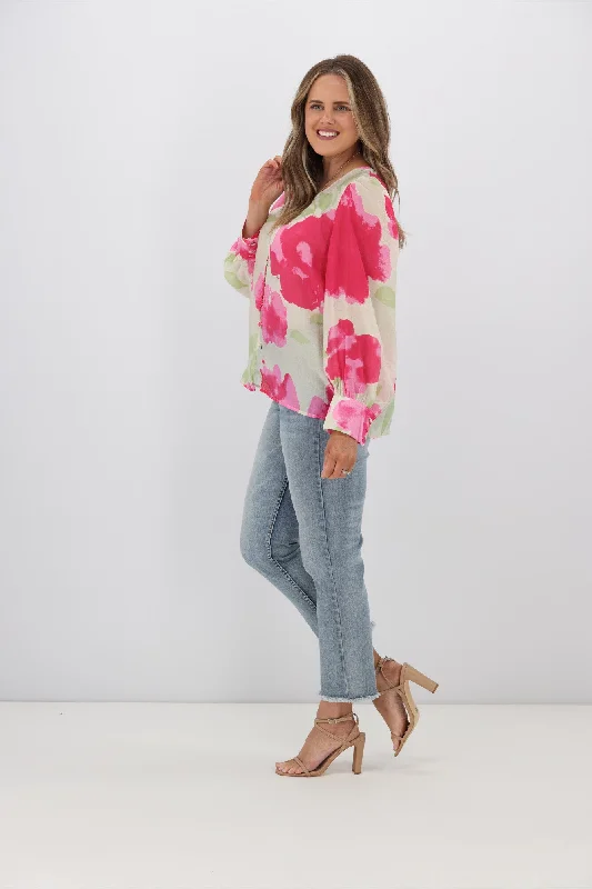 Fria Ava Cloud Print Blouson Sleeve Blouse Fuchsia