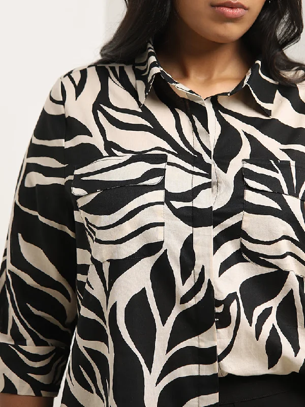 Gia Black & Beige Leaf Printed Cotton Shirt