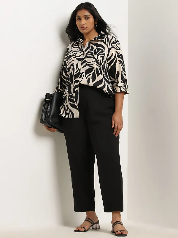 Gia Black & Beige Leaf Printed Cotton Shirt