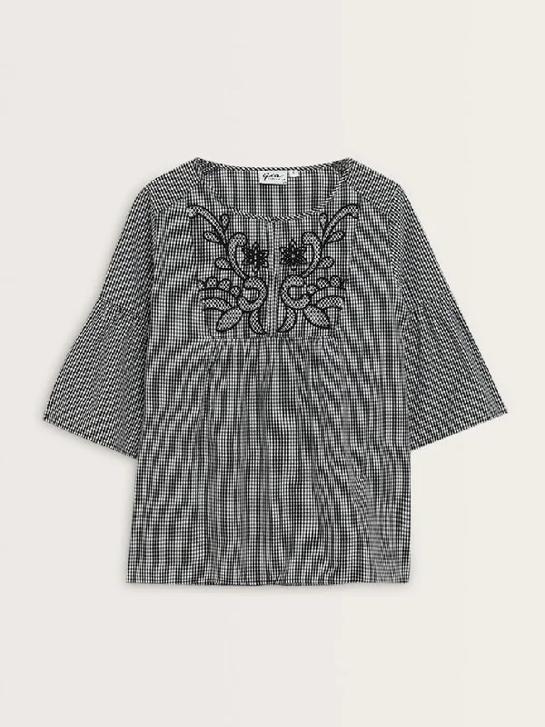 Gia Black Gingham Checkered Cotton Top