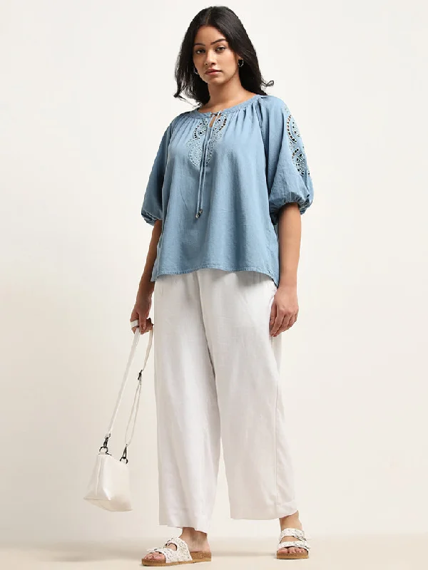 Gia Light Blue Cut-Out Detailed Cotton Blouse