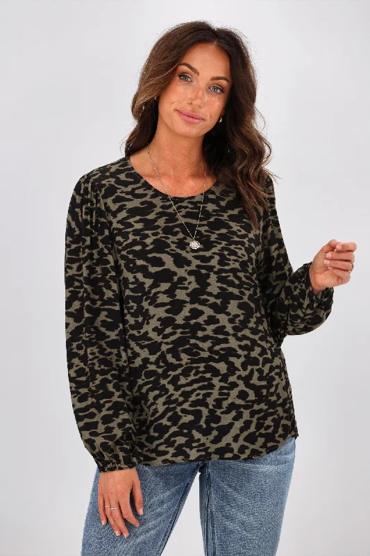 Gloss by Shine On Justine Elasticated Sleeve Top Olive Animal