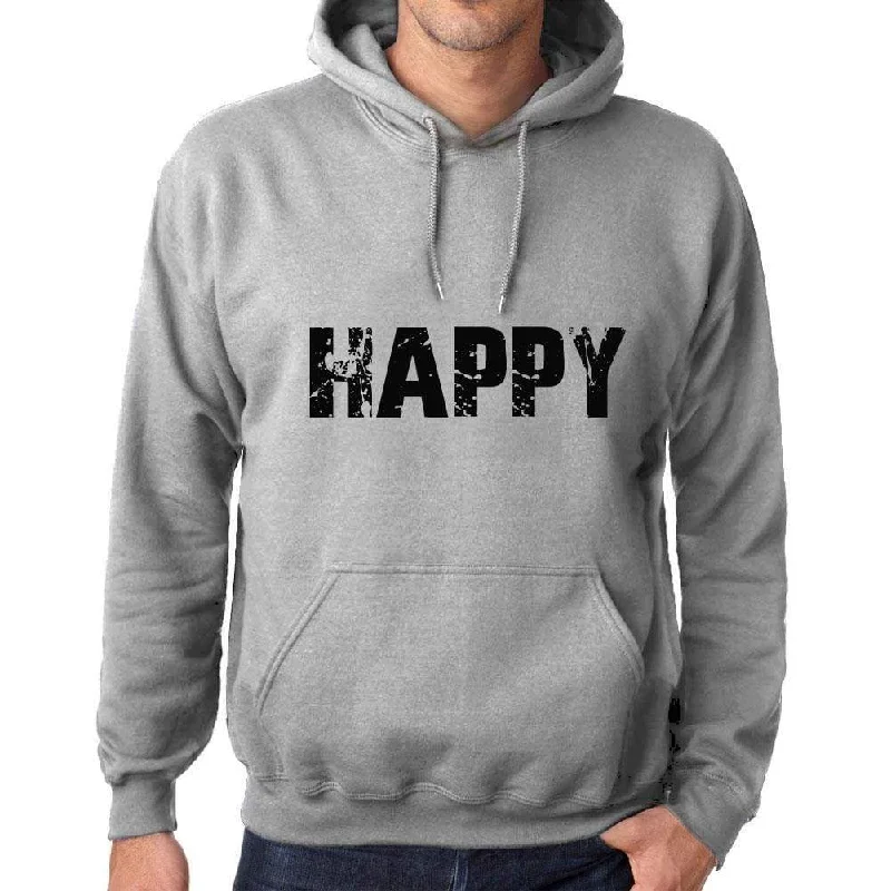 Unisex Printed Graphic Cotton Hoodie Popular Words HAPPY Grey Marl