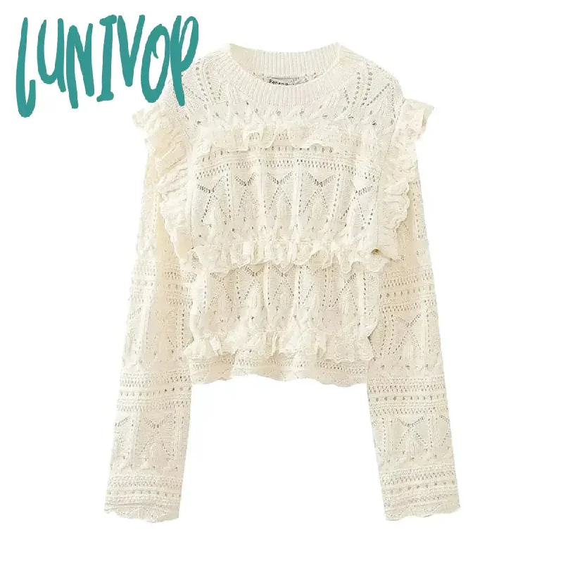 Lunivop Women Elegant Waveselvedge Hollow Out Mini Sweater Fashion Round Neck Long Sleeved Crop Top Autumn Lady Chic Streetwear