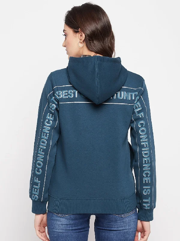 Madame Typography Print Teal Blue Hooded Sweatshirt