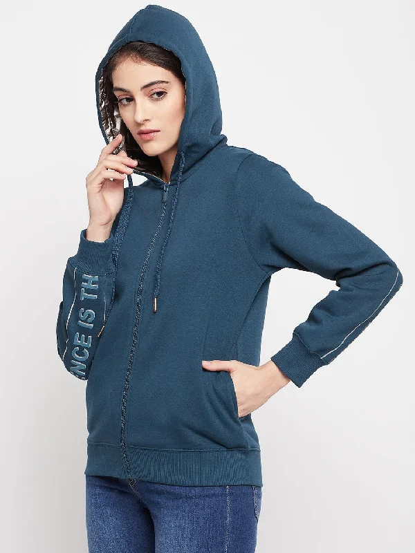 Madame Typography Print Teal Blue Hooded Sweatshirt