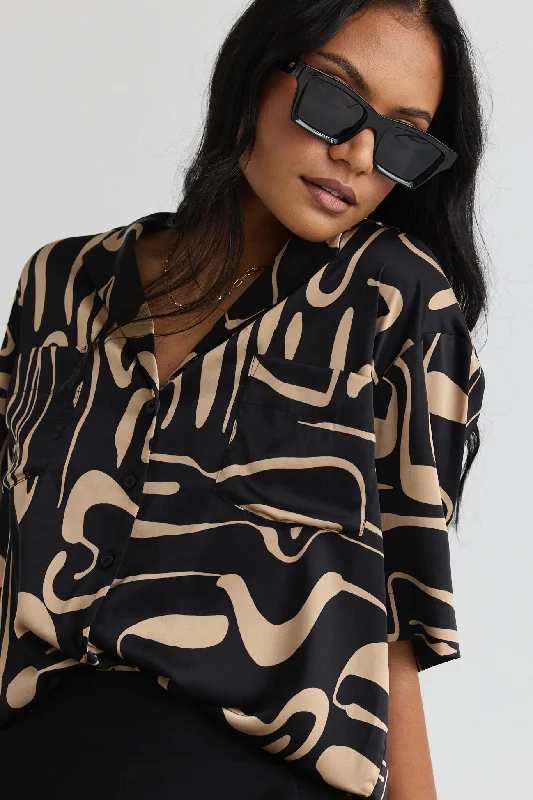 Nostalgia Black Caramel Abstract Neck Short Sleeve Shirt