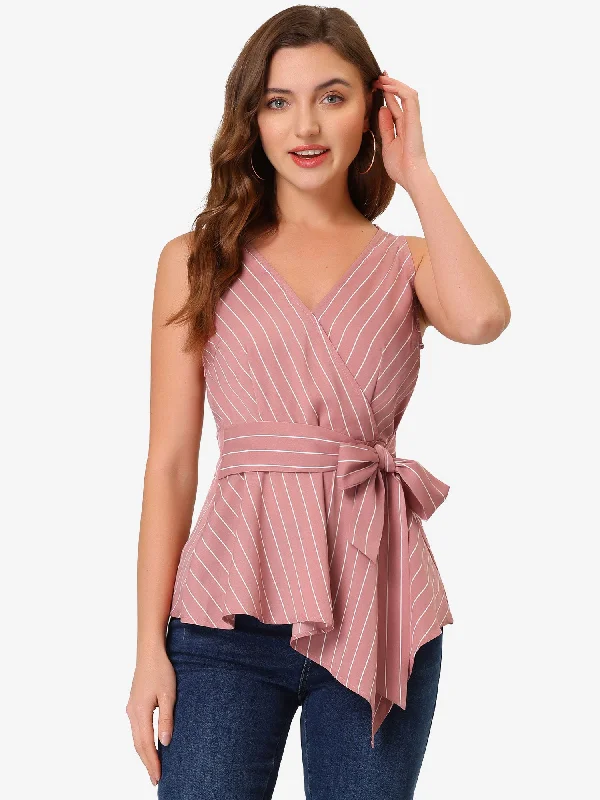 Sleeveless V Neck Tie Waist Asymmetric Hem Wrap Peplum Top