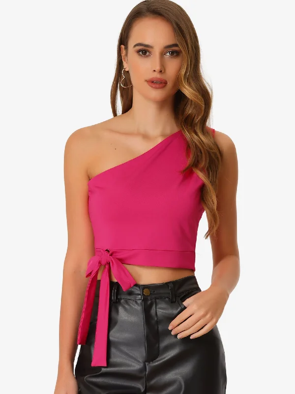 One Shoulder Crop Tank Top Sleeveless Solid Bowknot Cami Tops