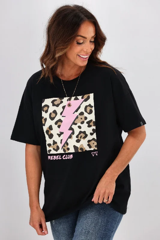 Rebel Club By Shine On Cheetah Bolt Boyfriend Tee Jet Black