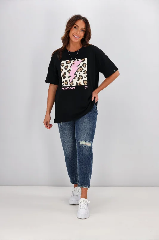 Rebel Club By Shine On Cheetah Bolt Boyfriend Tee Jet Black