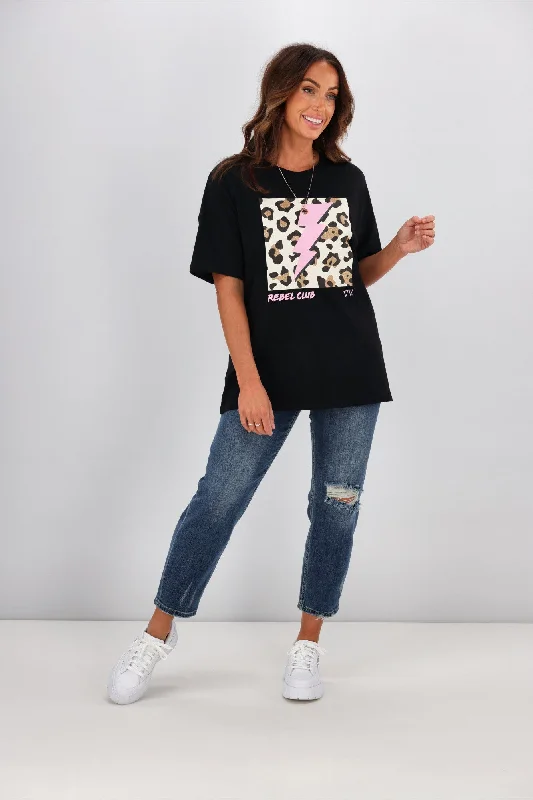 Rebel Club By Shine On Cheetah Bolt Boyfriend Tee Jet Black