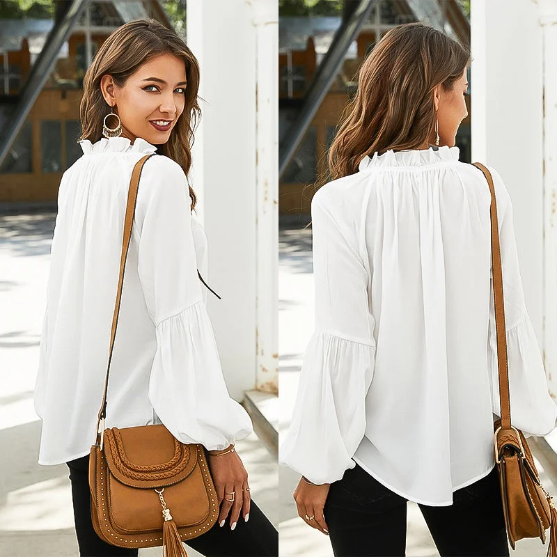 KittenAlarm - Women drawstring neck lantern Long Sleeve Chiffon Shirt Solid Color Tops Plus Size Blouse