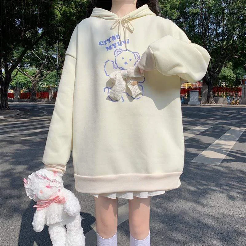 Women's Kawaii Bear Printed Bowknot Hoodies