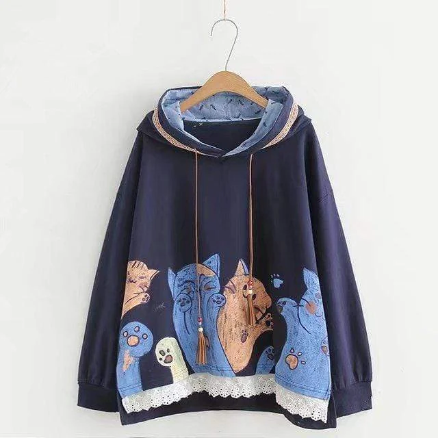 Women's Korean Fashion Cats Printed Loose Hoodies 