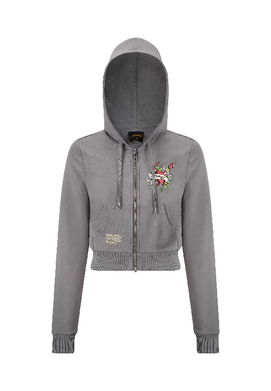 Womens Lks Graphic Cropped Zip Thru Hoodie - Grey