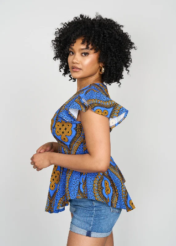 Zera Women's African Print Stretch Peplum Top (Gold Blue Motif)