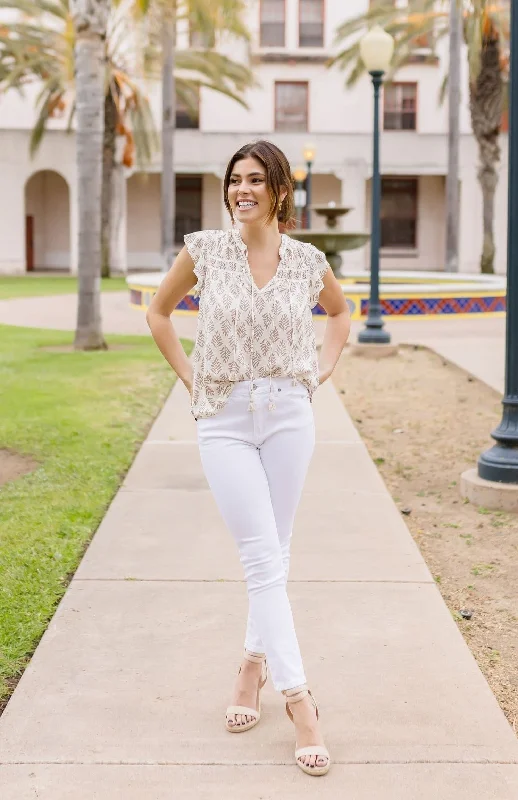 Adele Short Flutter Sleeve Leaf Print Top Taupe