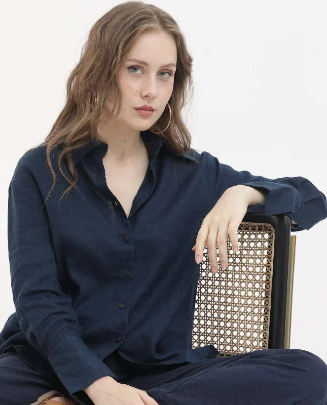 Rareism Women'S Barbados Dark Navy Viscose Linen Fabric Full Sleeves Button Closure Shirt Collar Regular Fit Plain Shirt