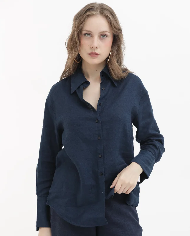 Rareism Women'S Barbados Dark Navy Viscose Linen Fabric Full Sleeves Button Closure Shirt Collar Regular Fit Plain Shirt