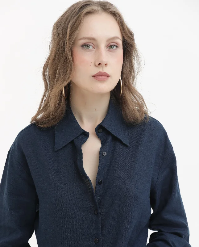 Rareism Women'S Barbados Dark Navy Viscose Linen Fabric Full Sleeves Button Closure Shirt Collar Regular Fit Plain Shirt