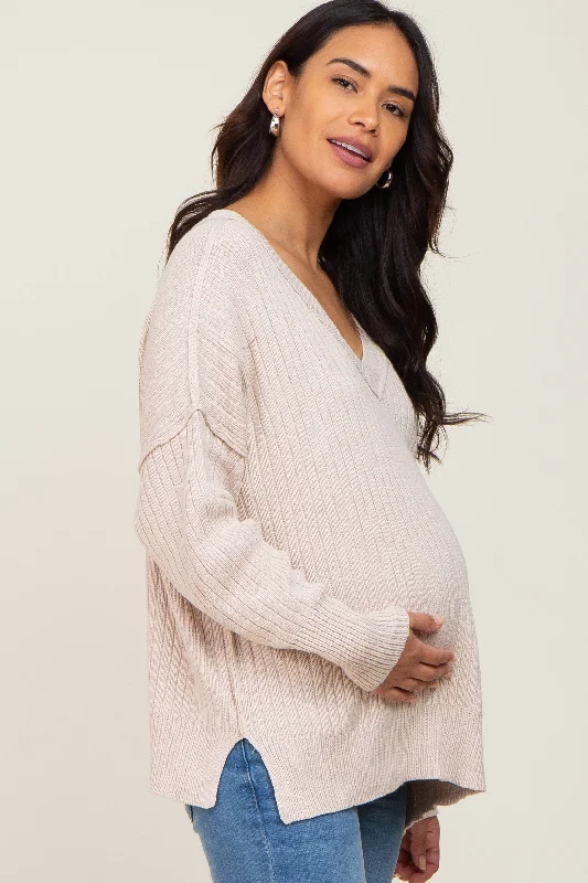 Beige V-Neck Oversized Maternity Sweater