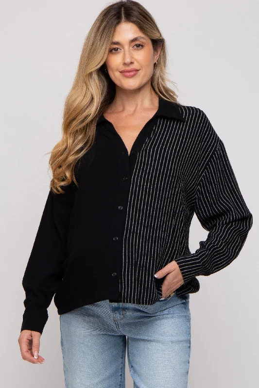 Black Half Stripe Button Down Maternity Top