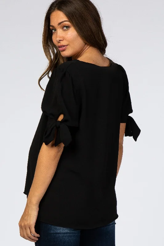 Black Short Tie Sleeve Maternity Top