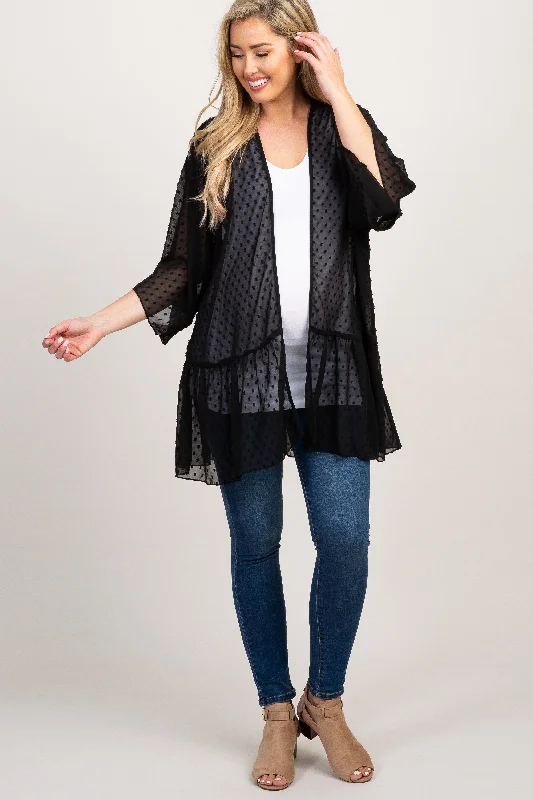 Black Swiss Dot 3/4 Sleeve Chiffon Maternity Cover Up